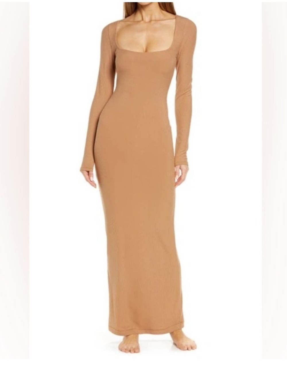 Skims Soft Lounge Long Sleeve Dress in Camel Brown Ribbed Maxi Size Large